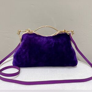 Purple Real Shearling Leather Double Kisslock & Top Handle Clutch with 2 Straps